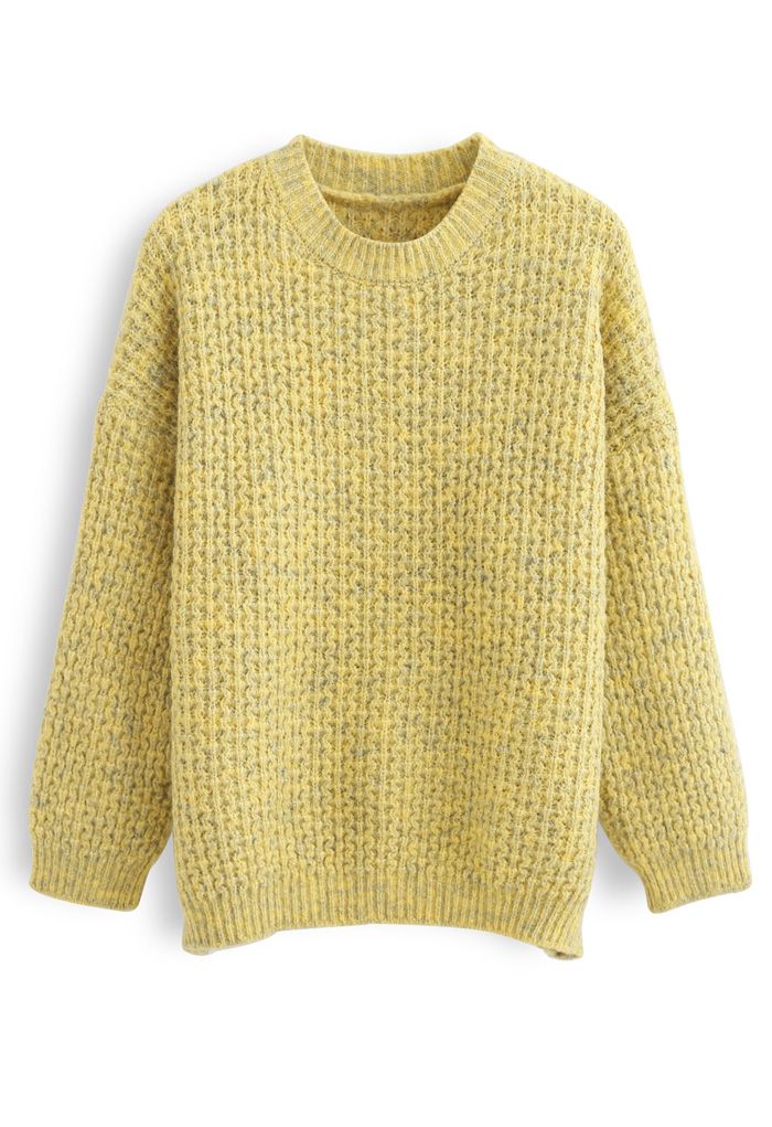 Fluffy Waffle-Knit Sweater in Mustard