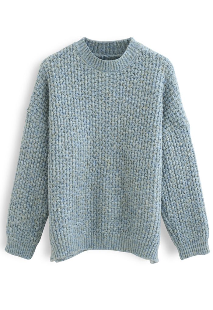 Fluffy Waffle-Knit Sweater in Dusty Blue - Retro, Indie and Unique Fashion