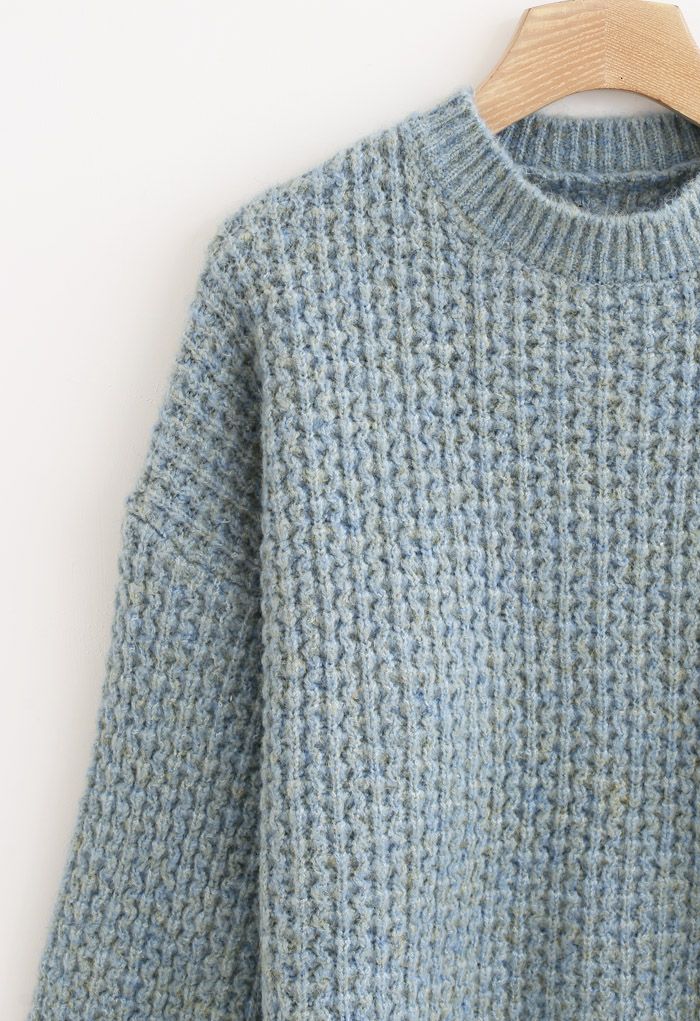Fluffy Waffle-Knit Sweater in Dusty Blue - Retro, Indie and Unique Fashion