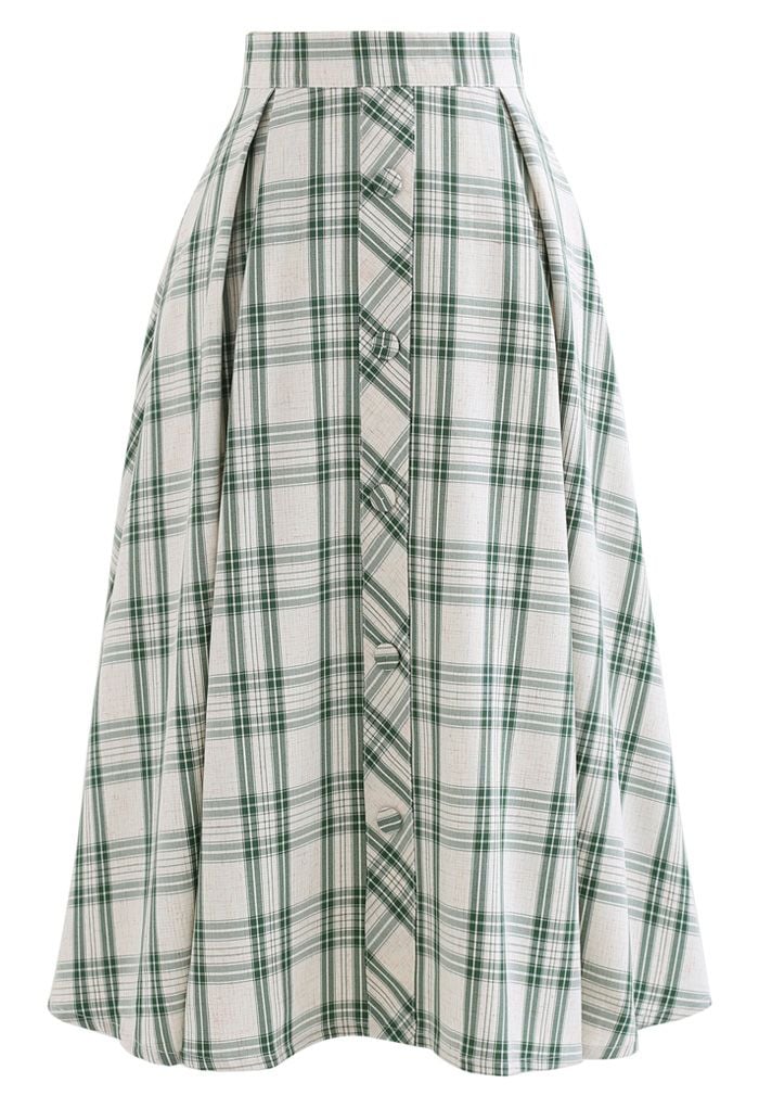 Green Check Button Trim Pleated Skirt