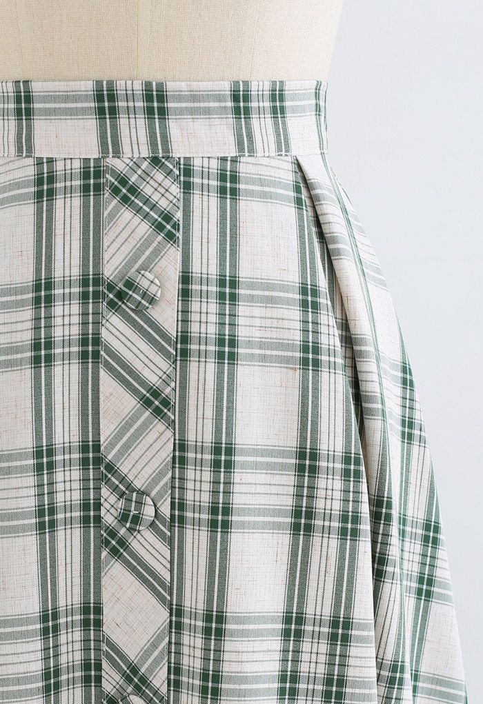 Green Check Button Trim Pleated Skirt