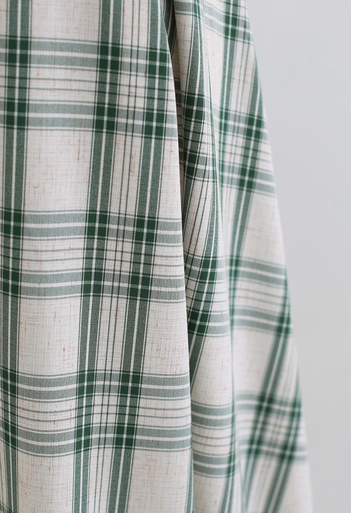 Green Check Button Trim Pleated Skirt