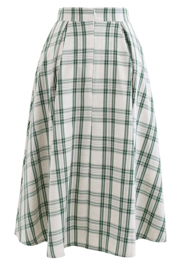 Green Check Button Trim Pleated Skirt