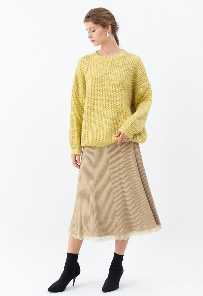 A-Line Lace Hem Knit Skirt in Tan - Retro, Indie and Unique Fashion