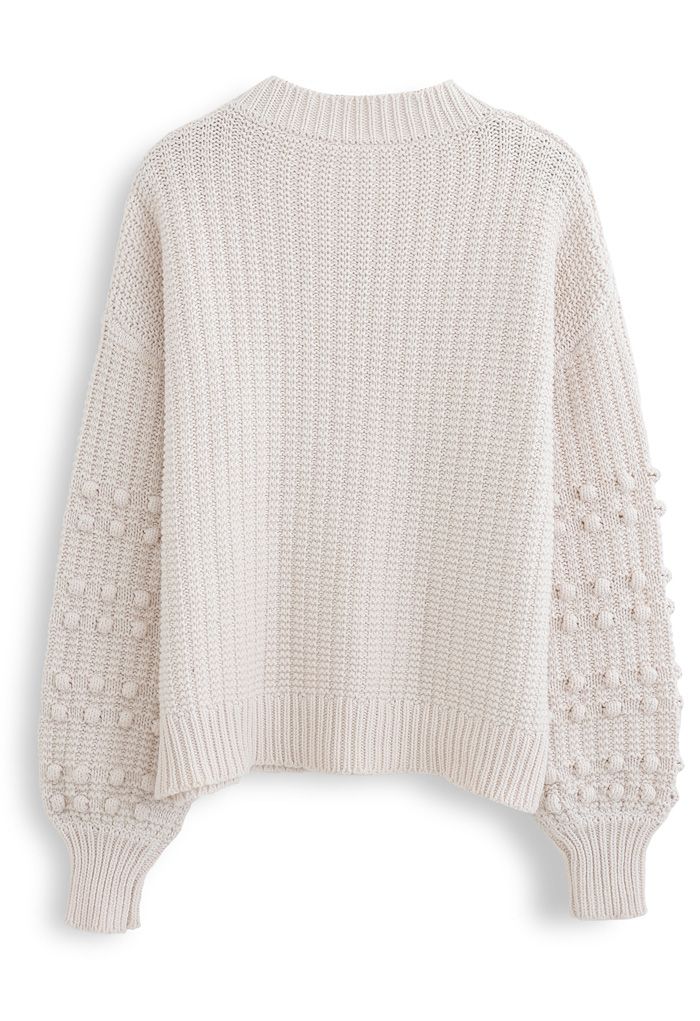 Bubble-Sleeve with Pom-Pom Detail Sweater in Cream - Retro, Indie and ...