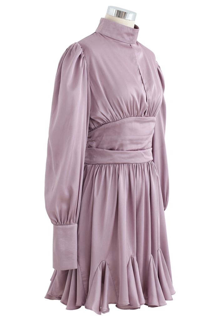 High Neck Puff Sleeves Satin Ruffle Dress in Lilac