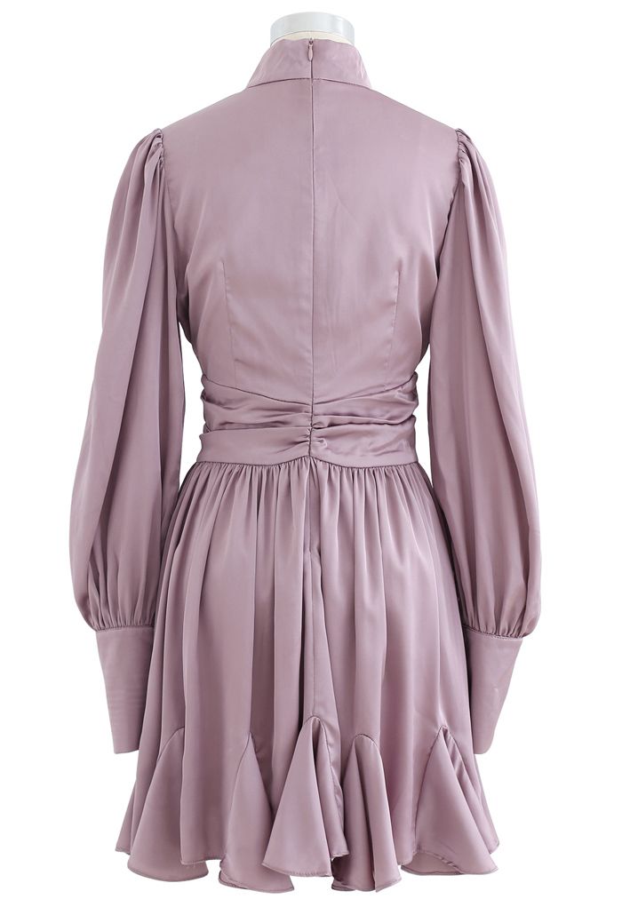 High Neck Puff Sleeves Satin Ruffle Dress in Lilac