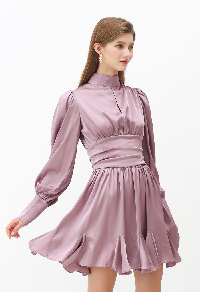 High Neck Puff Sleeves Satin Ruffle Dress in Lilac - Retro, Indie