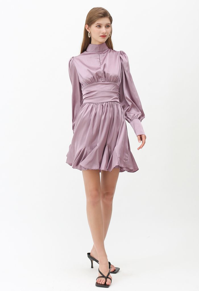 High Neck Puff Sleeves Satin Ruffle Dress in Lilac