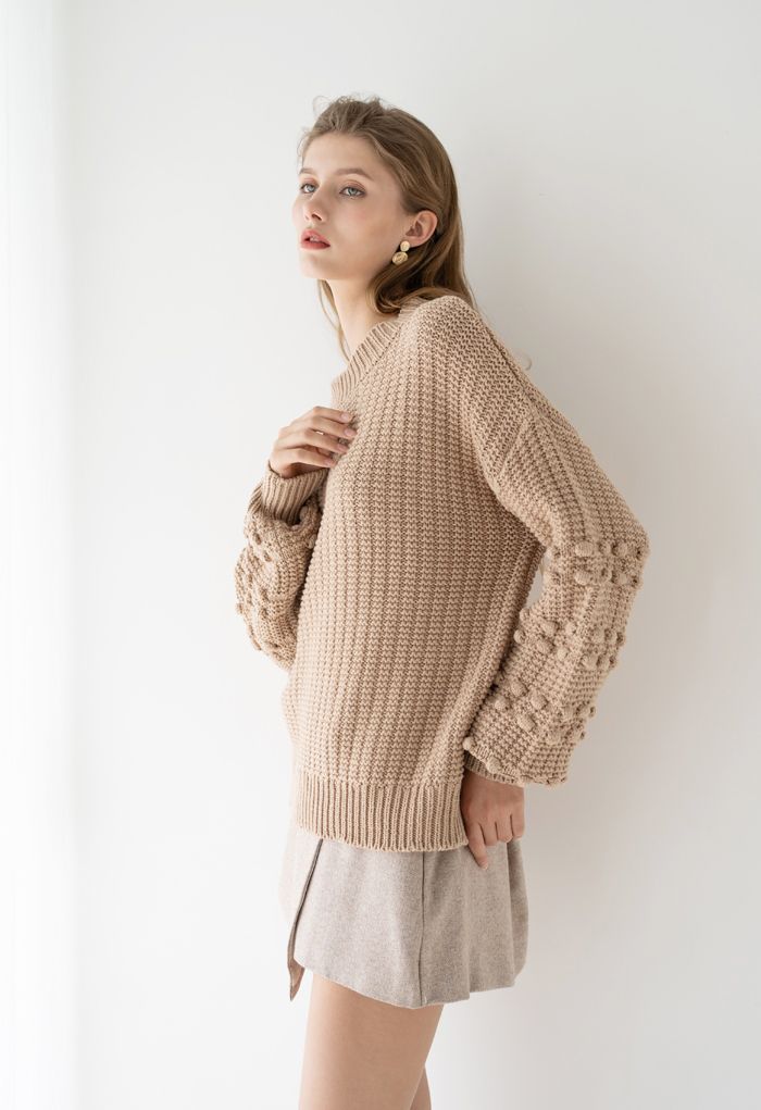Bubble-Sleeve with Pom-Pom Detail Sweater in Tan - Retro, Indie and ...