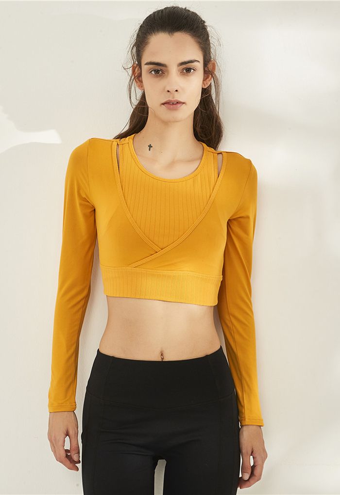 Fake Two-Piece Sleeves Cropped Sports Top in Orange - Retro, Indie and ...