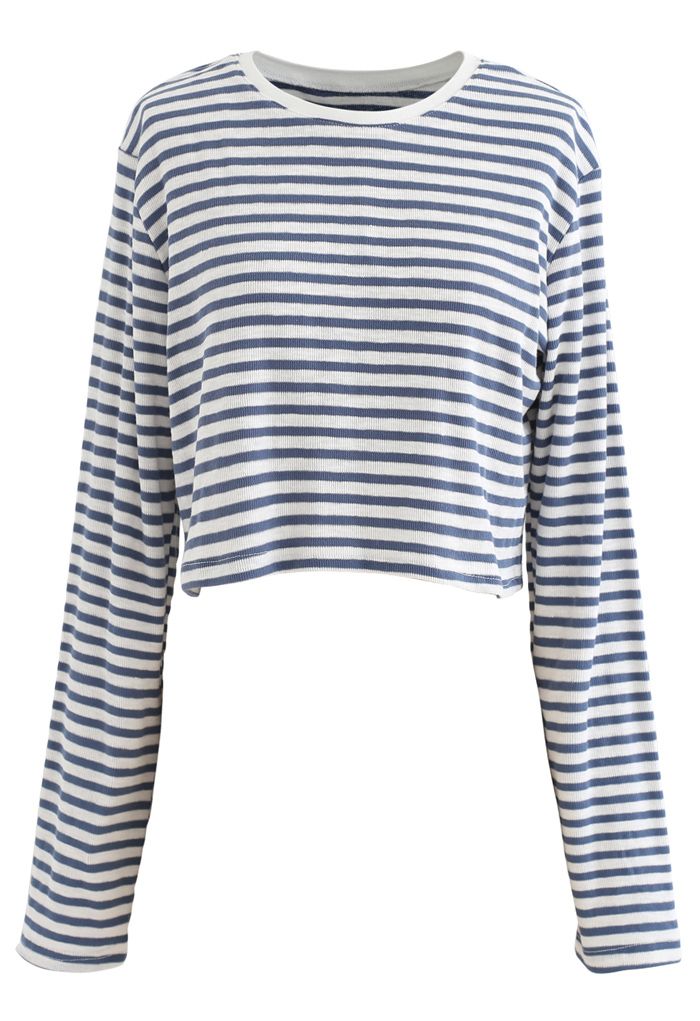 Cropped Long Sleeves Stripes Knit Top in Dusty Blue - Retro, Indie and ...