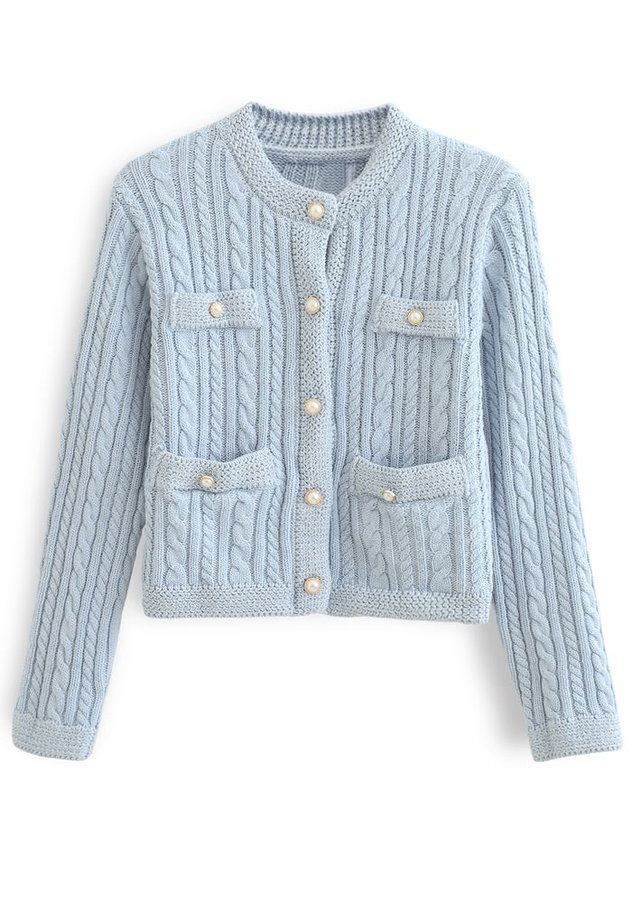 Metallic Edge Button Down Cable Knit Cardigan in Baby Blue