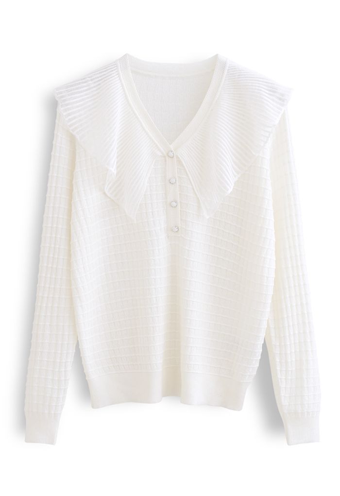 Mesh Collar Button Embossed Knit Top in White - Retro, Indie and Unique ...
