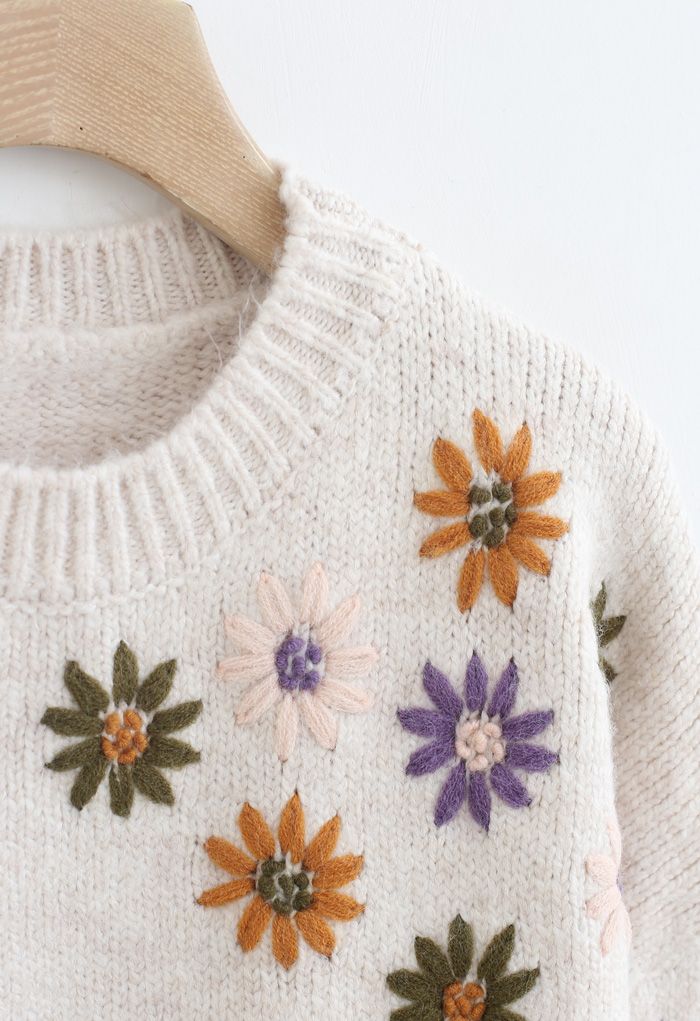 Crew Neck Floral Embroidered Knit Sweater in Ivory - Retro, Indie and ...