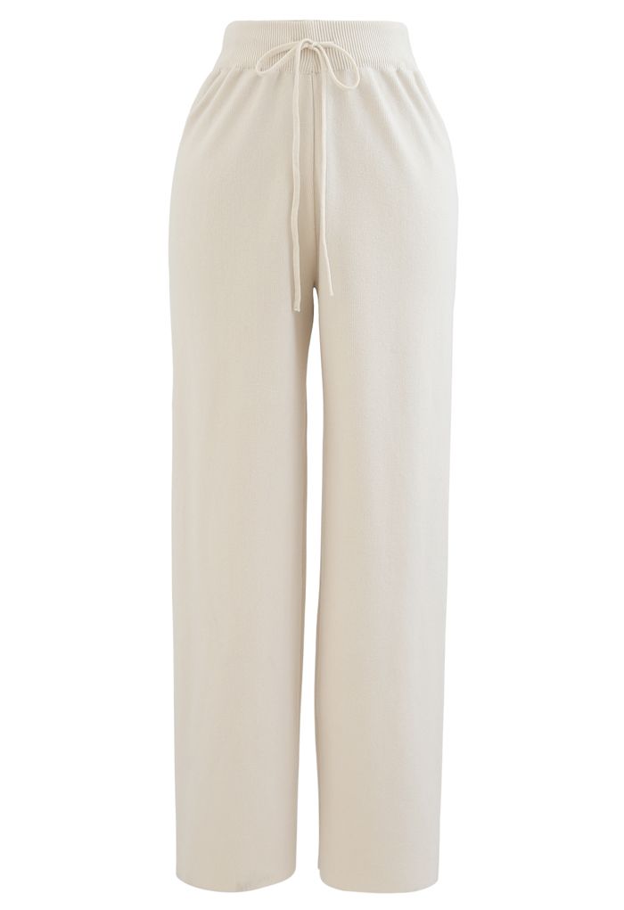 Straight Leg Drawstring Waist Knit Pants in Cream - Retro, Indie and ...