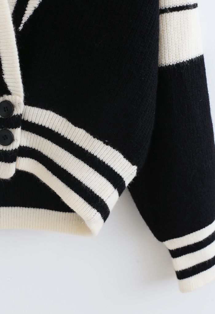 Sailor Collar Striped Button Knit Cardigan in Black