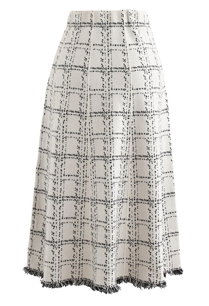Grid Fringe Hem Knit Skirt in Ivory - Retro, Indie and Unique Fashion