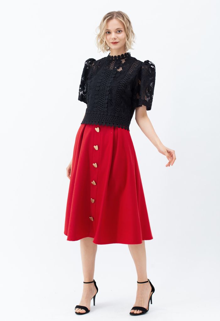 Heart Shape Button Embellished A-Line Midi Skirt in Red - Retro, Indie ...