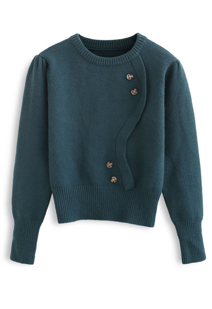 Wavy Front Buttoned Knit Sweater in Teal