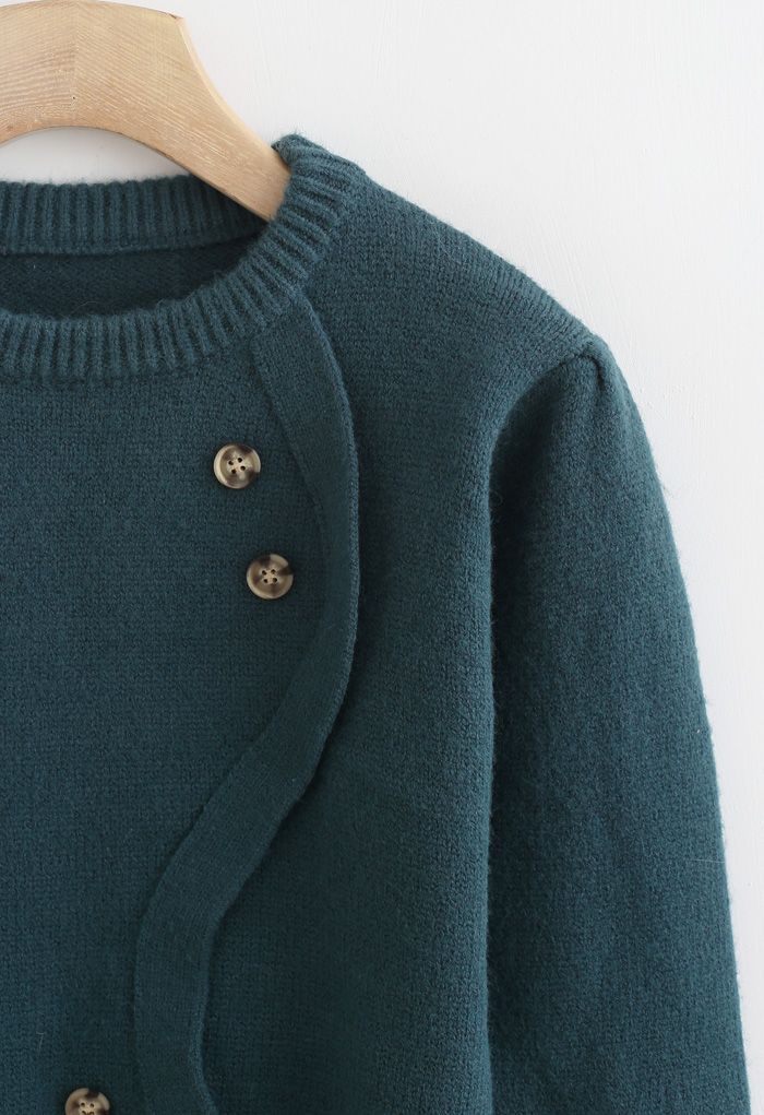 Wavy Front Buttoned Knit Sweater in Teal