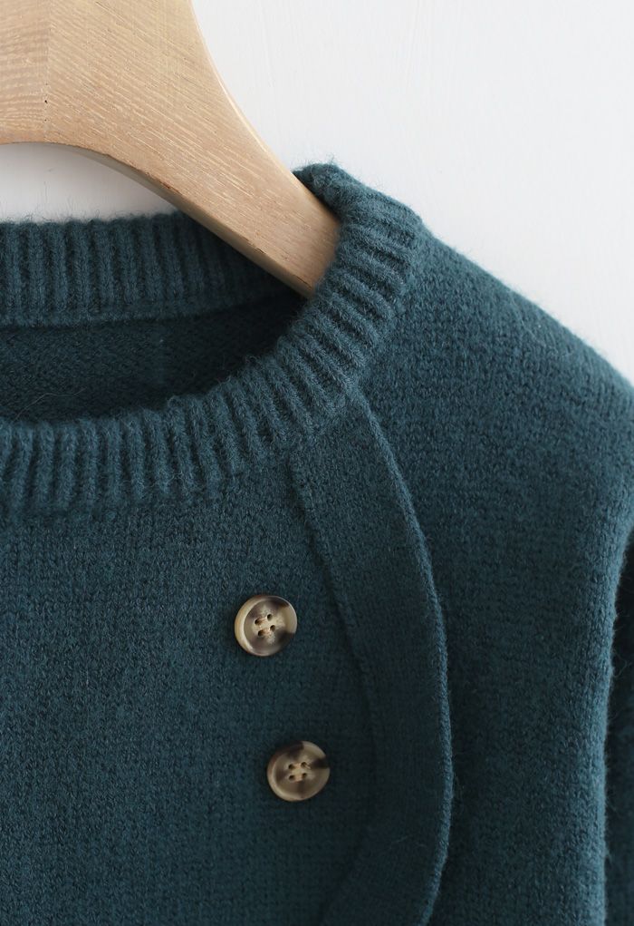 Wavy Front Buttoned Knit Sweater in Teal