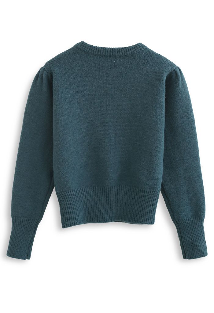 Wavy Front Buttoned Knit Sweater in Teal