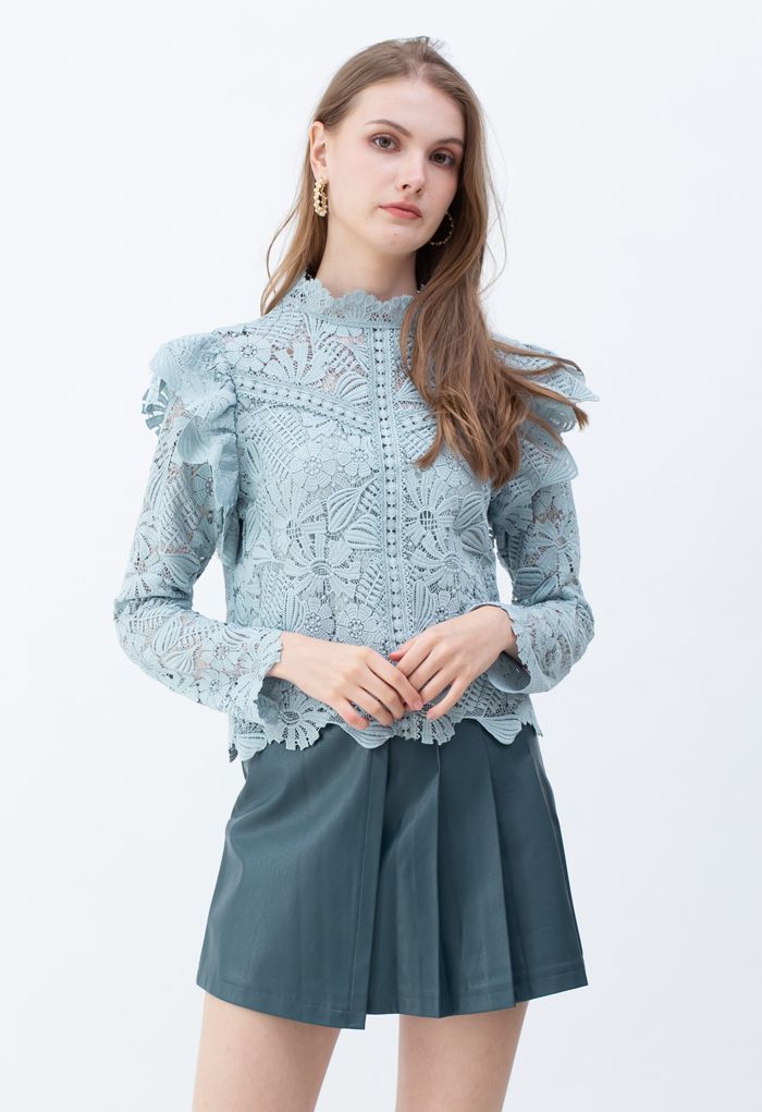 Panelled Sunflower Ruffle Crochet Top in Dusty Blue - Retro, Indie and ...