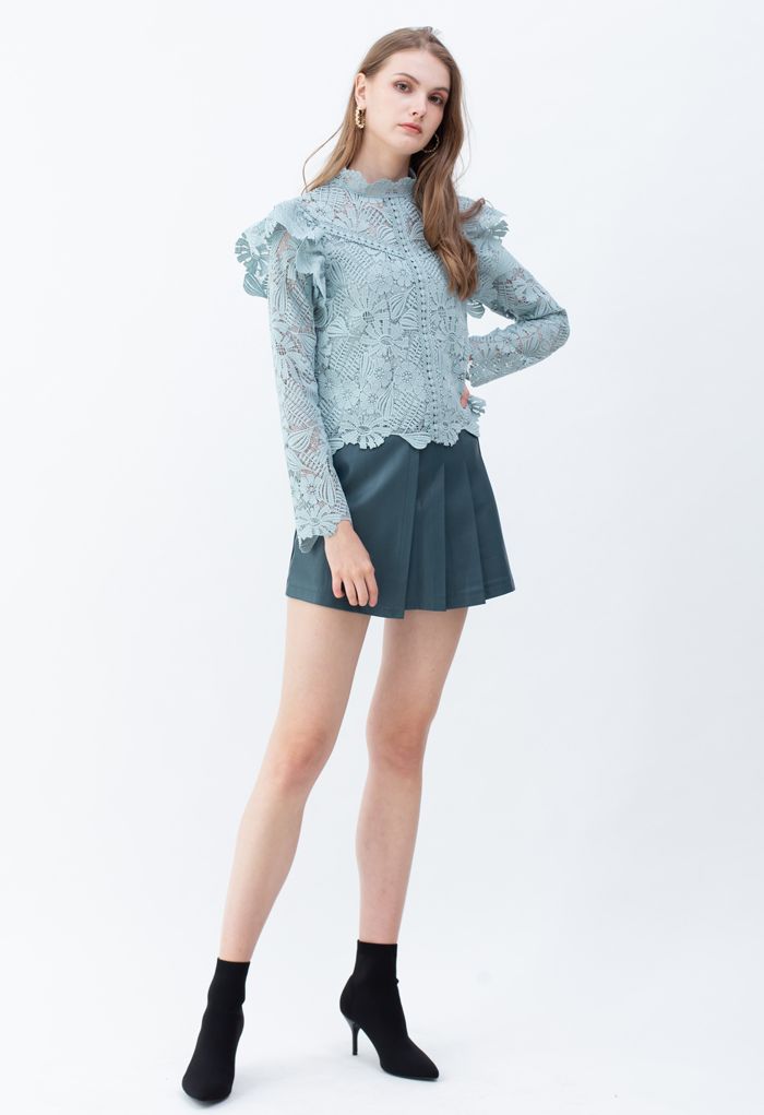 Panelled Sunflower Ruffle Crochet Top in Dusty Blue - Retro, Indie and ...
