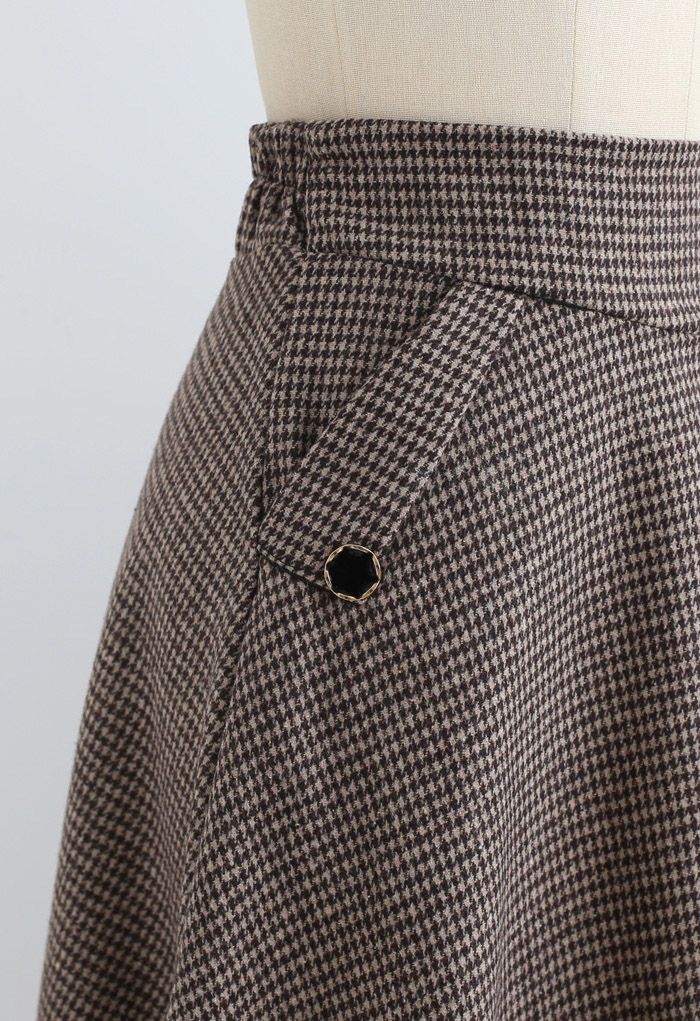 Houndstooth Wool-Blend A-Line Flare Skirt in Brown - Retro, Indie and ...