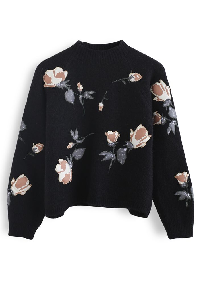 Digital Floral Print Embroidered Knit Sweater in Black - Retro, Indie ...