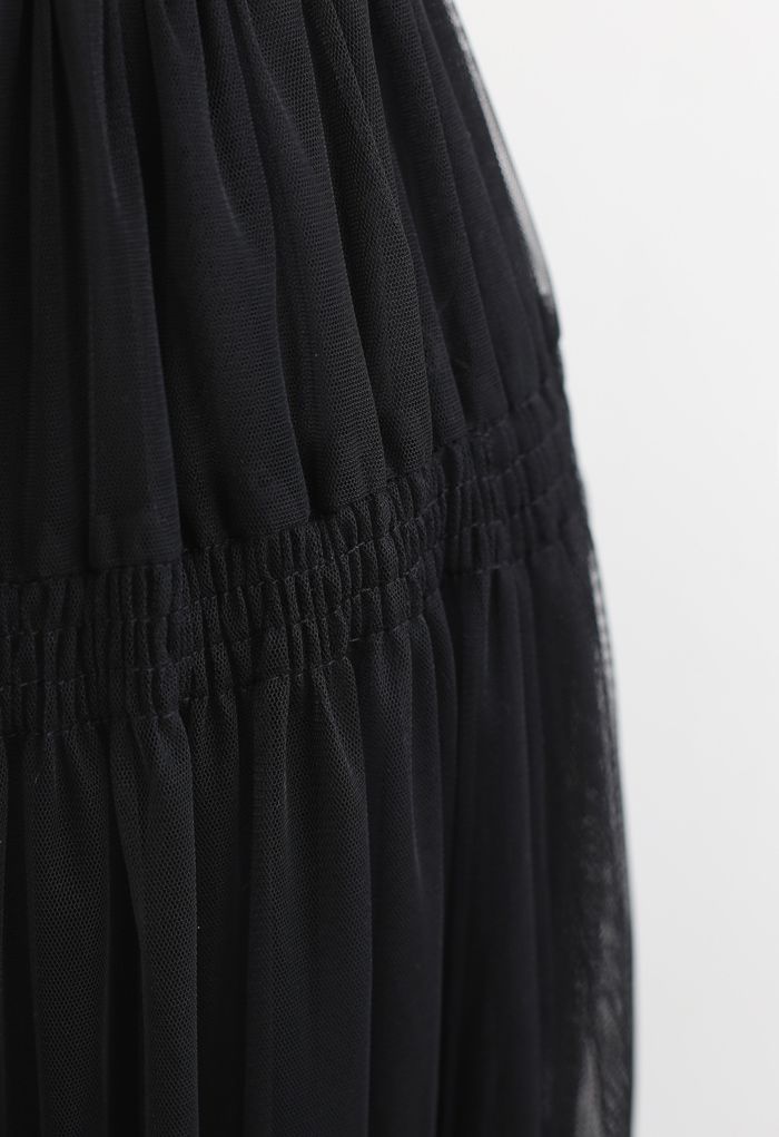 Shirred Elastic Double-Layered Mesh Skirt in Black - Retro, Indie and ...