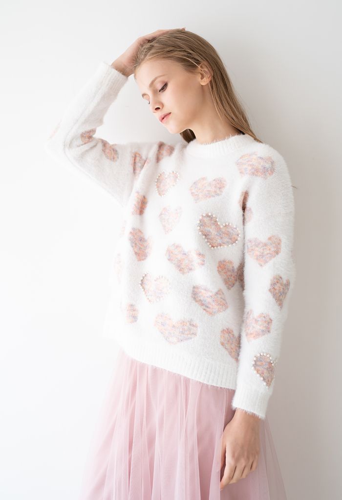 Fuzzy Pink Heart Pearl Trim Knit Sweater - Retro, Indie and Unique
