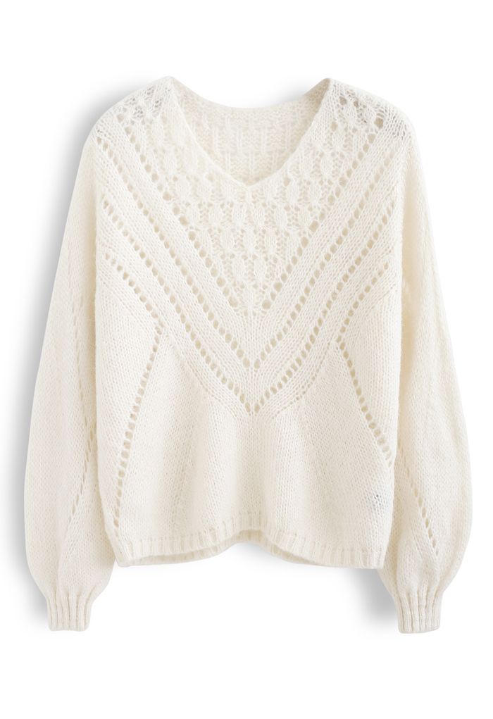V-Shape Eyelet Fuzzy Knit Sweater in Cream - Retro, Indie and Unique ...