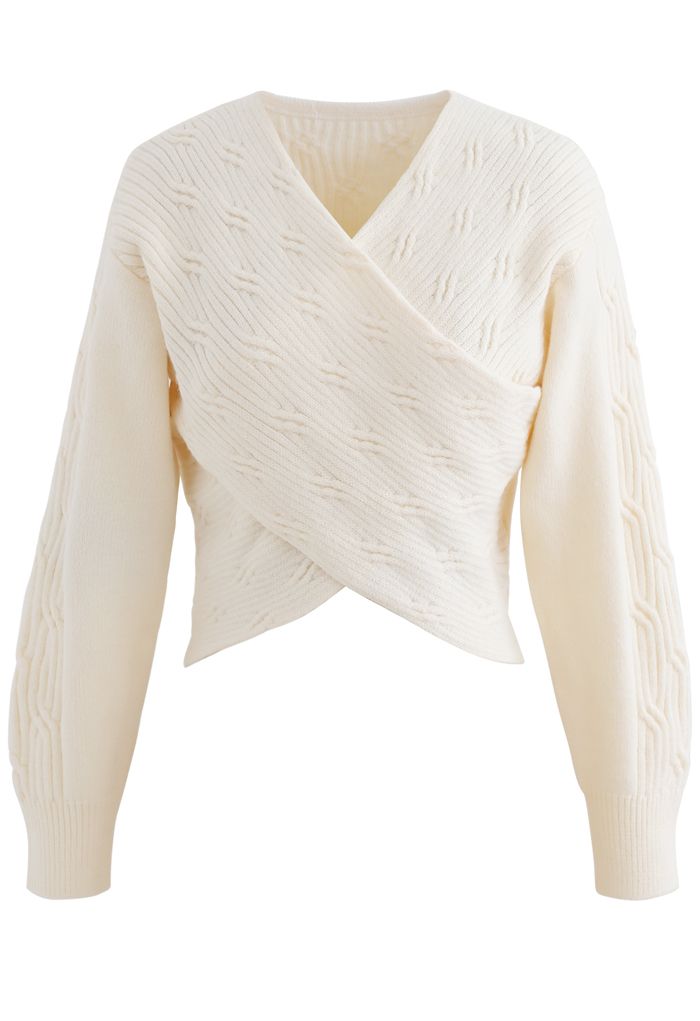 Crisscross Crop Ribbed Knit Sweater in Ivory