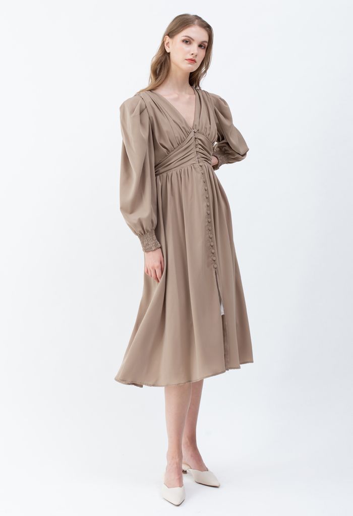 Puff Shoulder Ruched Button Down Chiffon Dress in Tan - Retro, Indie ...