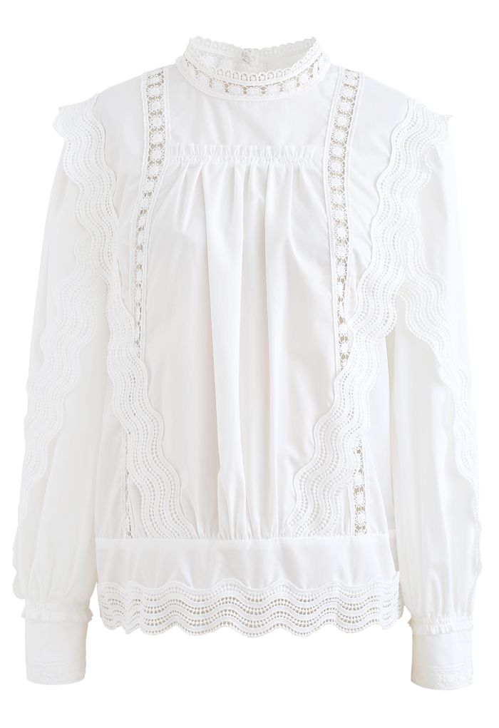 Buttoned Back Crochet Eyelet Top in White - Retro, Indie and Unique Fashion