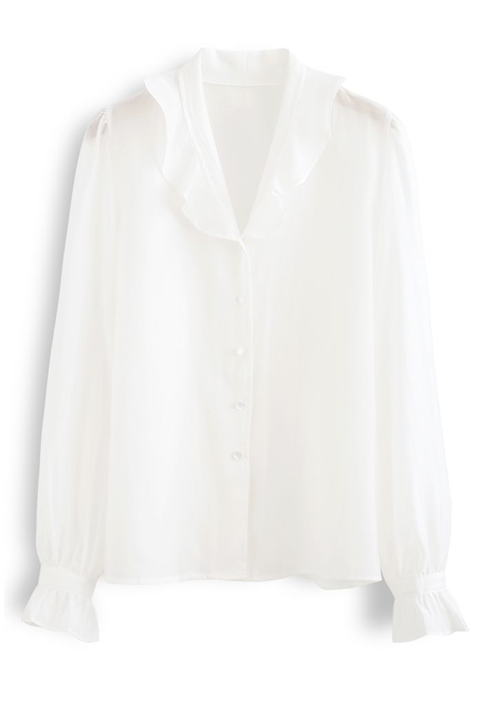 Semi-Sheer Ruffle Button Down Shirt in White - Retro, Indie and Unique ...