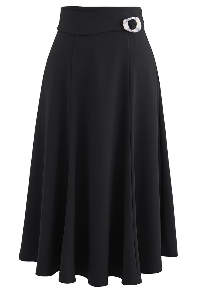 Marble Buckle Belted Flare Midi Skirt in Black - Retro, Indie and ...