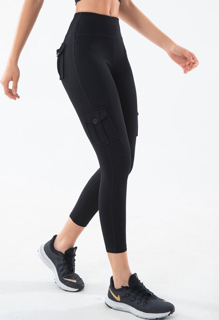 Buttoned Flap Pocket Seamed Cropped Leggings in Black - Retro, Indie ...