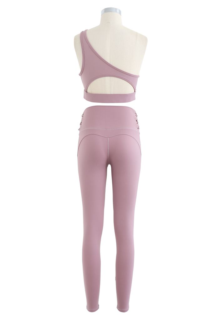 One Shoulder Lace Up Sports Bra and Leggings Set in Lilac - Retro
