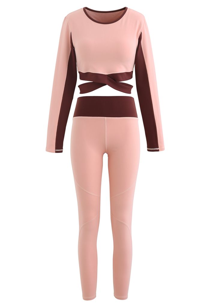 Contrast Cross Waist Top and Leggings Set in Pink - Retro, Indie and Unique  Fashion