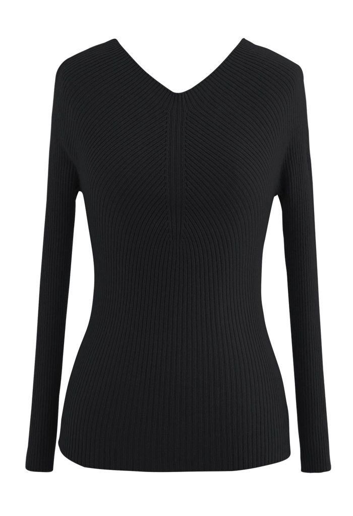 Seamless V-Neck Ribbed Knit Top in Black - Retro, Indie and Unique Fashion