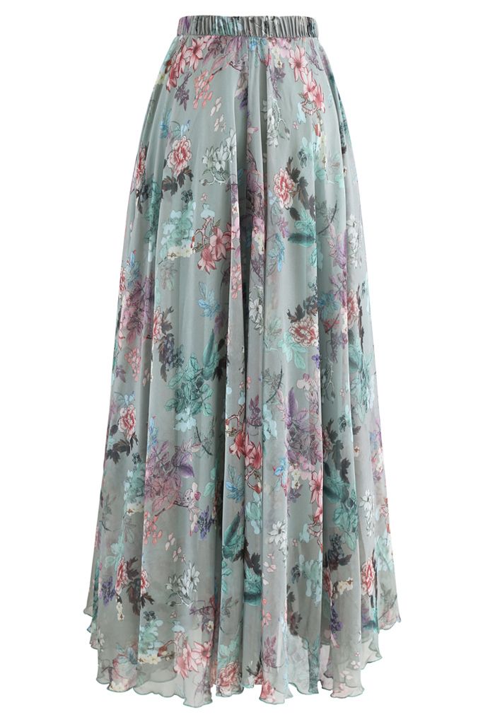 Exuberant Floral Chiffon Maxi Skirt in Green - Retro, Indie and Unique ...