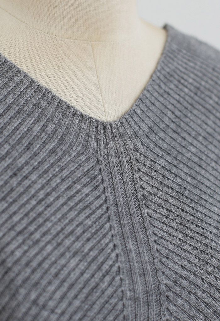 Seamless V-Neck Ribbed Knit Top in Grey - Retro, Indie and Unique Fashion