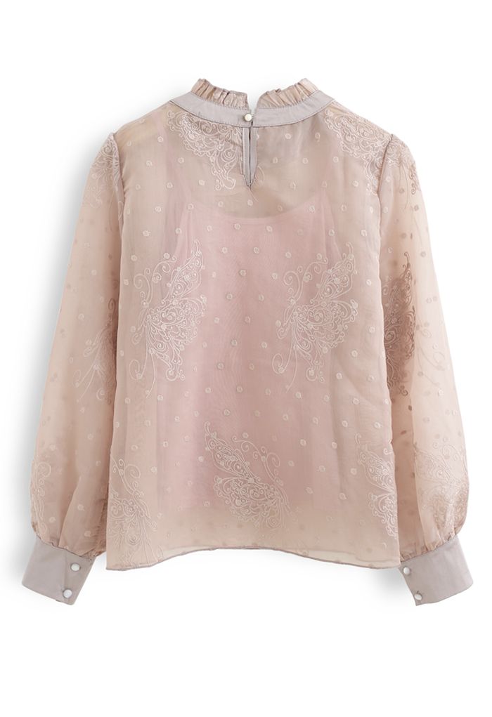 Butterfly Dots Embroidered Organza Sheer Top in Dusty Pink - Retro ...