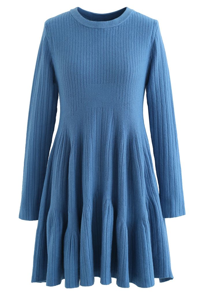 Frilling Hem Round Neck Knit Dress in Blue - Retro, Indie and Unique ...
