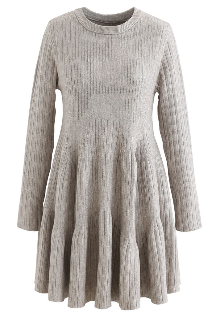 Frilling Hem Round Neck Knit Dress in Sand - Retro, Indie and Unique ...
