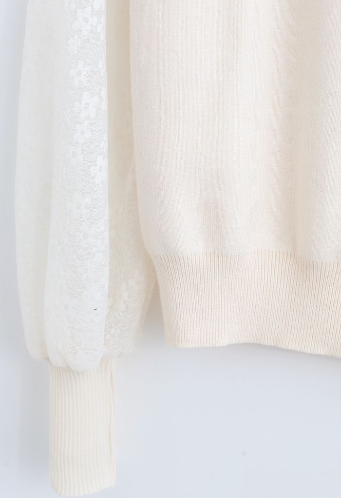 Flower Mesh Sleeves Spliced Knit Sweater in Ivory