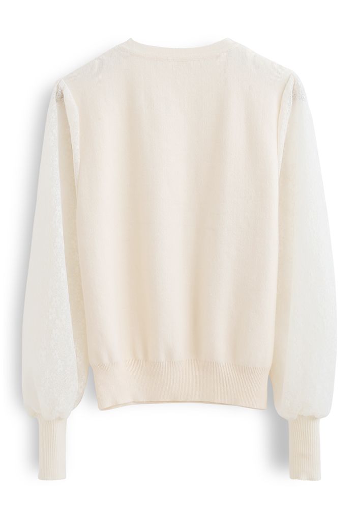 Flower Mesh Sleeves Spliced Knit Sweater in Ivory